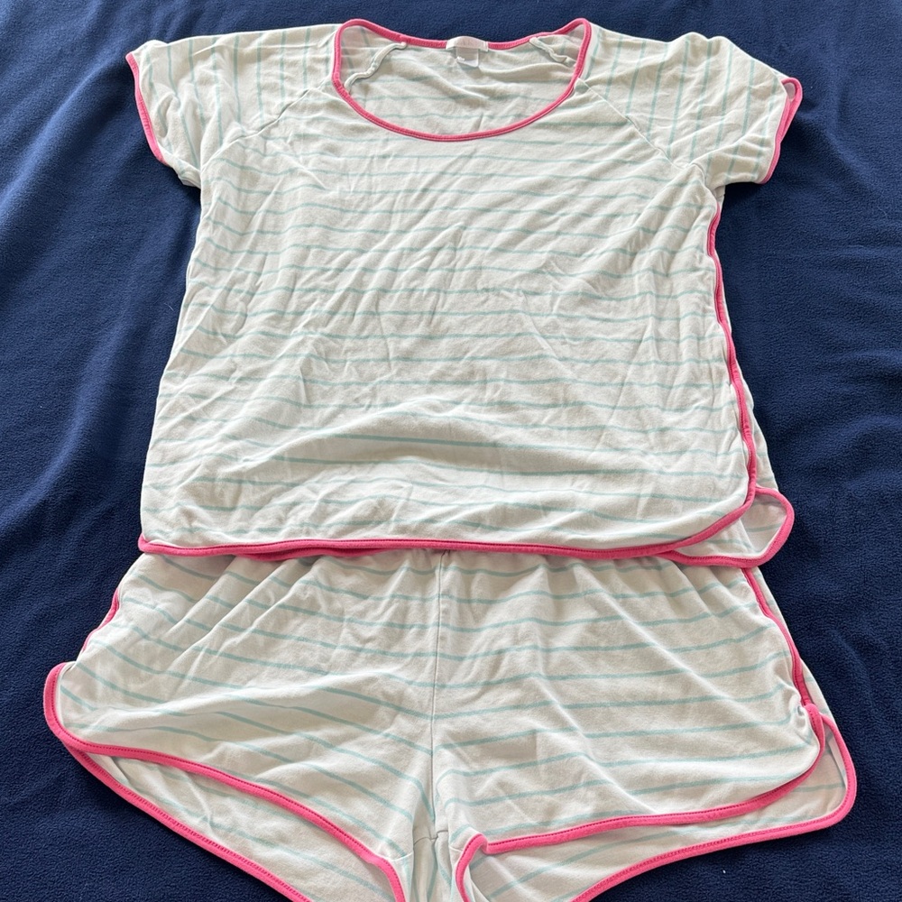 Lake White Pajama Set with Blue Stripe and Pink Trim Size M